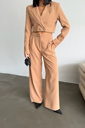 CROP CEKET - PANTOLON TAKIM GOLD DÜĞME DETAYLI - Kahverengi