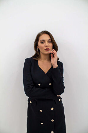 Siyah Gold Düğmeli Ceket Elbise