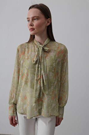 Yakası Fularlı Şifon Gömlek - Fıstık Yeşili