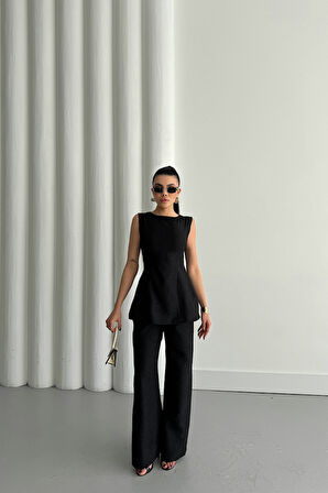 JAKAR KETEN KOLSUZ BLUZ-PANTOLON TK - Siyah