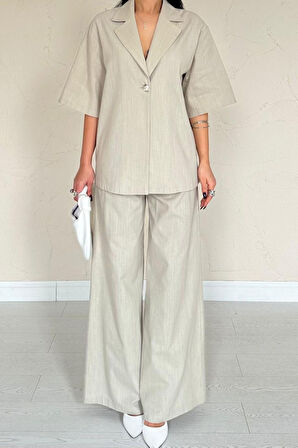 Bej Önü Tek Düğmeli Ceket Pantolon Takım