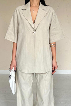 Bej Önü Tek Düğmeli Ceket Pantolon Takım