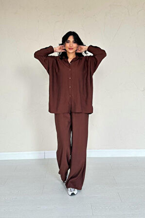 Kahverengi Alice Gömlek Ve Bol Kesim Pantolon Takım