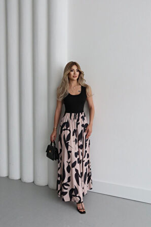 Kadın Askılı Yuvarlak Yaka üst Viskon Alt Desenli Uzun Süprem Elbise