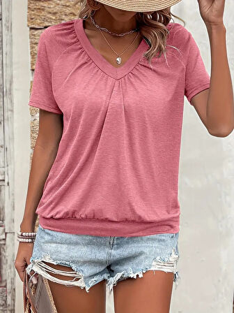 Kadın Kısa Kollu V Yakalı Büzgü Detaylı Viskon Bluz