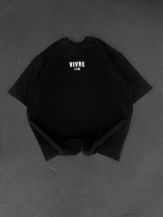 Baskılı Oversize Bisiklet Yaka T-shirt - Siyah