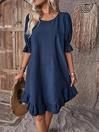 Kadın Kısa Kollu Kol Ve Eteği Volanlı Bisiklet Yaka Aerobin Elbise