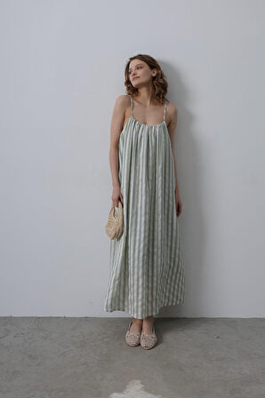 Askılı Çizgi Desen Elbise - Haki