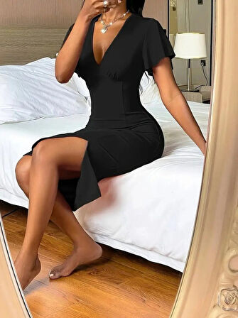 Kadın Kısa Kollu Derin Dekolte V Yakalı Yırtmaçlı Midi Janjan Krep Elbise