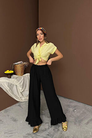 Siyah Paçası Fırfırlı Keten Pantolon