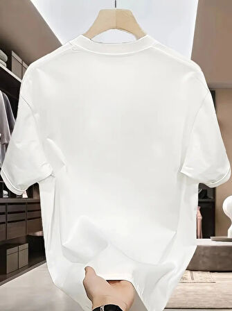 Baskılı Oversize Bisiklet Yaka T-shirt - Beyaz