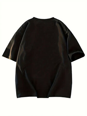 Baskılı Oversize Bisiklet Yaka T-shirt - Siyah