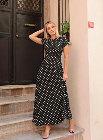 Kadın Kısa Kollu Bisiklet Yaka Puantiyeli Maksi örme Krep Elbise