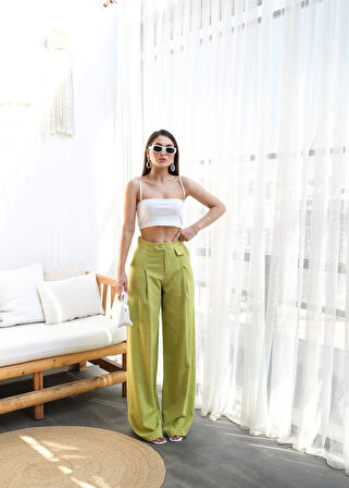 Keten Düğme Detayli Dökümlü Palazzo Pantolon