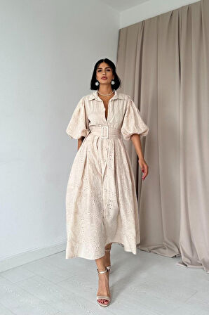 Bej Pileli Balkon Elbise