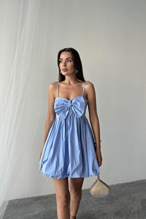 Mavi Önü Fiyonklu Askılı Elbise