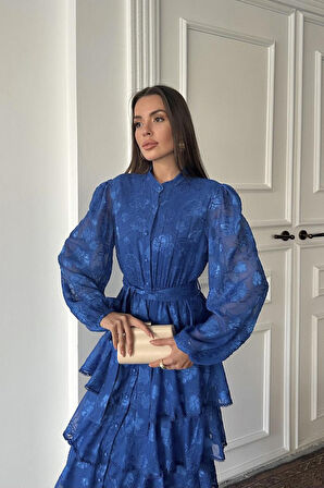 Saks Valonlu Şeritli Kat Kat Elbise