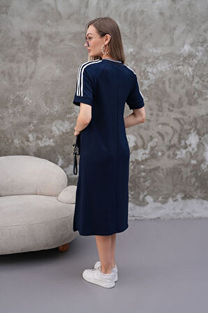 Kadın Kristal Kumaş şerit Ve Yırtmaç Detaylı V Yaka Midi Boy Elbise