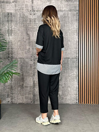 Kadın Modal Kumaş çizgili Gömlek Yaka Ikili Takım