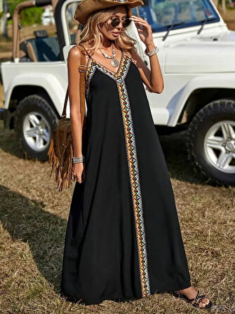 Kadın Askılı V Yakalı Etnik şerit Detaylı Uzun Viskon Elbise