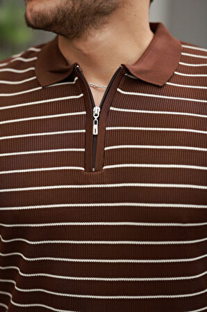 Erkek Fermuar Yakalı çizgili Kısa Kollu T-shirt