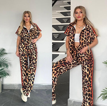 Kadın Dalgıç Kumaş Dijital Leopar Baskılı şerit Detaylı Takım