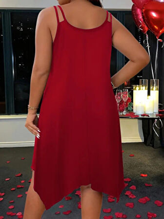 Kadın Askılı Yuvarlak Asimetrik Kesim Detaylı Viskon Elbise