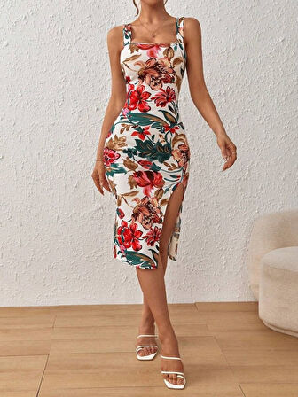 Kadın Askılı Kare Yakalı Yırtmaçlı çiçek Desenli Dalgıç Elbise