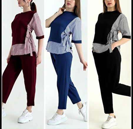 Kadın Kristal 2 Iplik Kumaş Yanları çizgili Takım