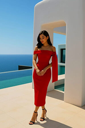 Kadın Dalgıç Krep Kumaş Madonna Yaka Midi Boy Elbise