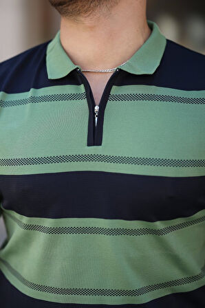 Erkek Yakalı Fermuarlı çift Renk Kısa Kollu T-shirt