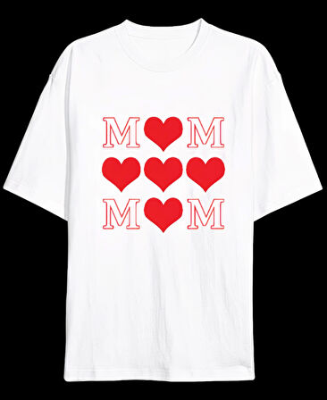 Anneler Gününe Özel Tasarım MOM Kalp Baskılı T-shirt - Beyaz