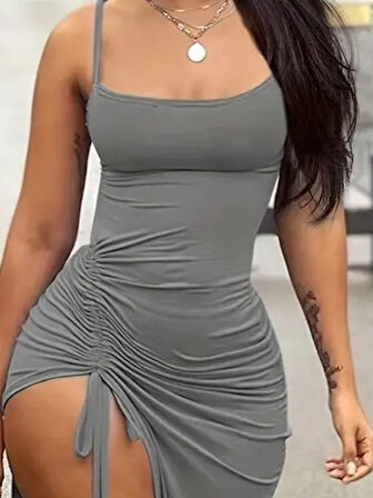 Kadın Kolsuz Ip Askılı Yandan Büzgülü Uzun Viskon Elbise