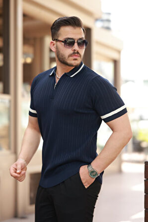 Erkek Yaka Ve Kolları çizgi Detaylı Fermuarlı Kısa Kollu T-shirt