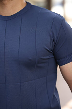 Erkek Ince çizgi Dokulu Bisiklet Yaka Kısa Kollu T-shirt