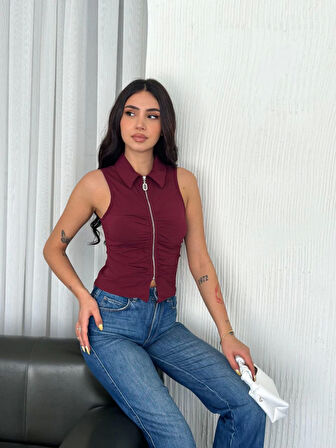 Yakalı Tam Fermuarlı Kolsuz Bluz - Bordo