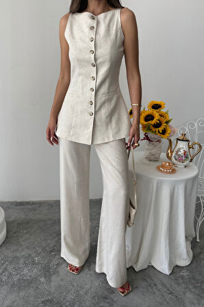 KETEN YELEK - PANTOLON TAKIM - Taş