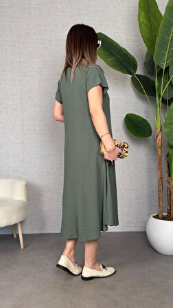 Kadın Kısa Kollu V Yaka Salaş Maxi Boy Elbise