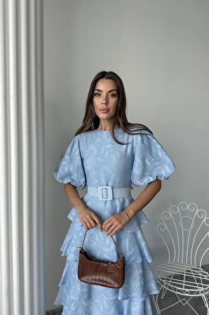 Bebe Mavi Kat Kat Balon Kollu Kemerli Elbise