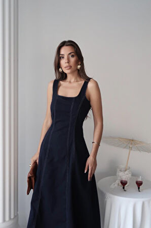 Lacivert Çift Dikişli Gabardin Elbise
