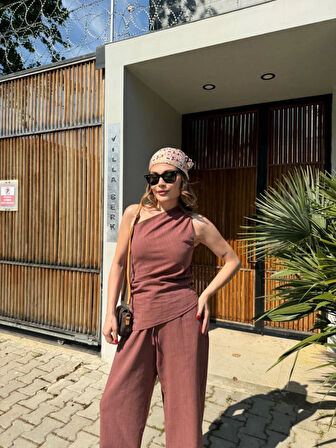 Keten Asimetrik Tek Omuzlu Bluz Pantalon Takım- Bordo