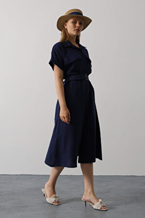 Kuşaklı Cep Detaylı Yarım Kol Elbise - Lacivert