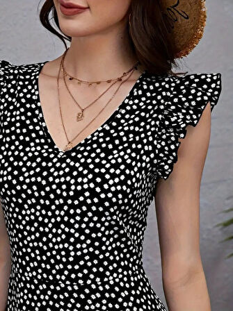 Kadın Kısa Kollu V Yakalı Desenli Fırfırlı Süprem Elbise