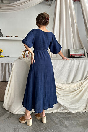 V YAKA BEL BONCUK BAĞLAMALI MÜSLİN ELBİSE YIRTMAÇ DETAYLI - Lacivert