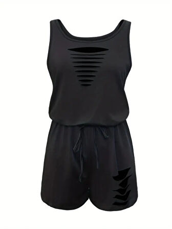 Kadın Askılı Yuvarlak Yaka Lazer Kesim Detaylı Bağcıklı Kısa Viskon Tulum