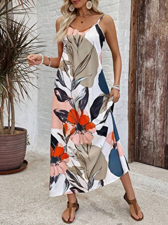 Kadın Ip Askılı Geniş V Yakalı Desenli Süprem Elbise