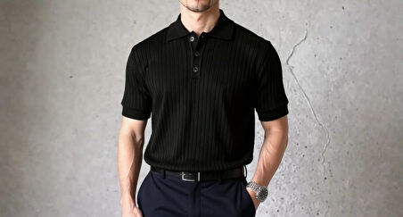 Erkek Kısa Kollu Yakalı Yakadan Düğmeli Triko Bluz