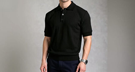 Erkek Kısa Kollu Yakalı Yakadan Düğmeli Triko Bluz