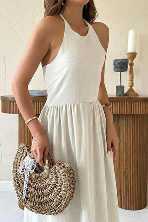 Bej Arkası Gipeli Keten Elbise