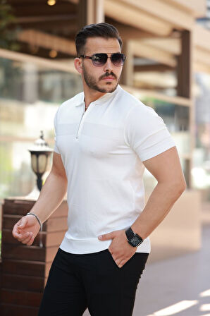 Erkek Göğüs Pirinç Desenli Fermuar Yakalı Kısa Kollu Tişört